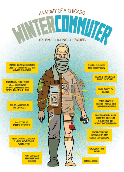 Cartoonist Paul Hornschemeier. Winter Commuter appears in Chicago Magazine Jan 2013